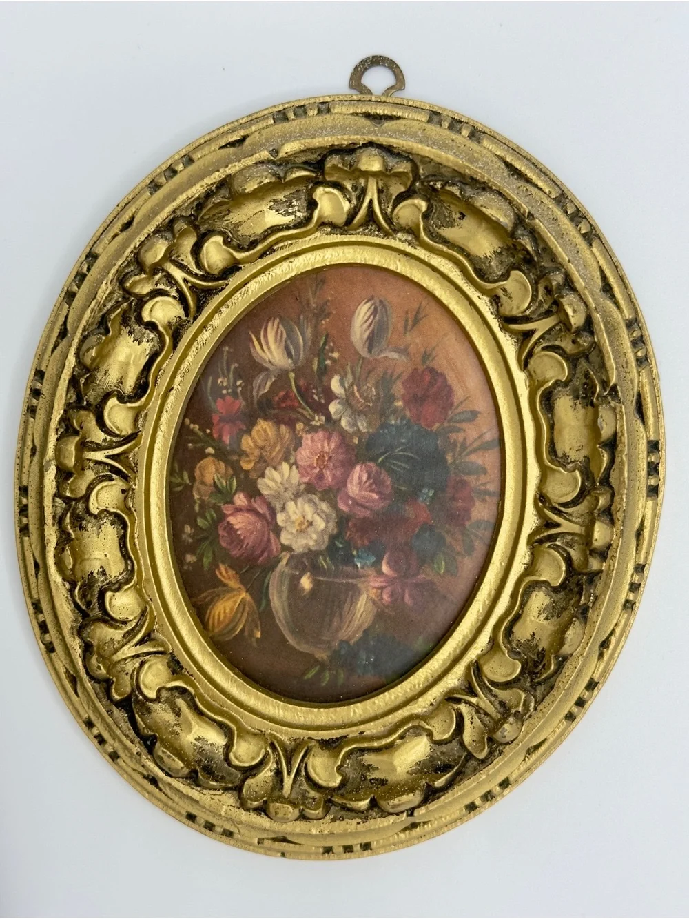 Vintage Pair Oval Gold Framed Wall Art Floral & Scenic Made in Italy